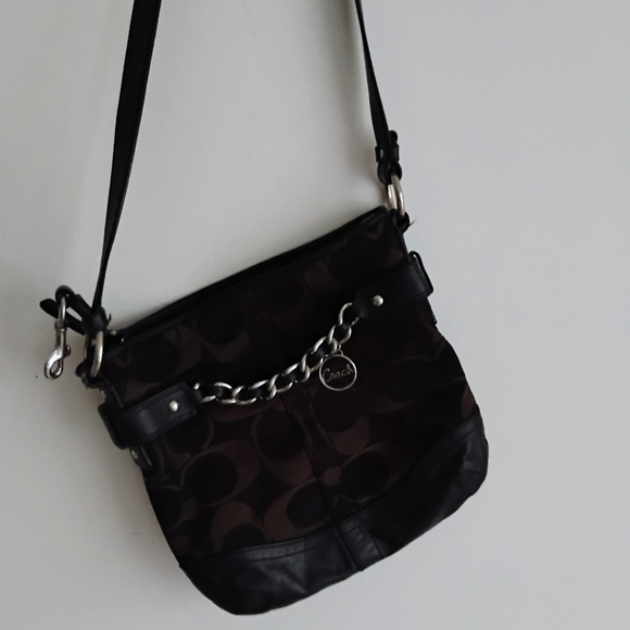 Coach Black Leather Dark Brown Canvas Signature Crossbody Bag Purse - Picture 3 of 15